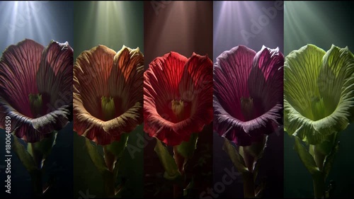 Five Vibrant Flowers Illuminated by Dramatic Spotlights in a Moody Setting.