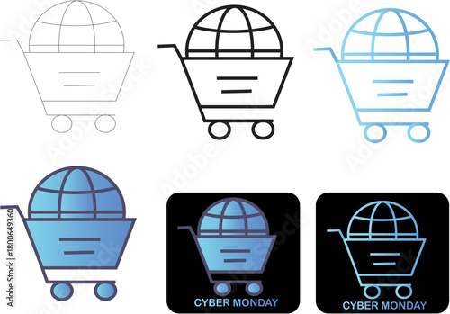 Cyber Monday Shopping Cart with Globe Icon Set E-Commerce, Online Sales & Global Retail