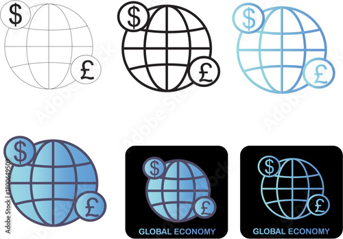Vector icon set illustrating the global economy, featuring a globe with dollar and pound currency symbols in minimalist outline and gradient styles