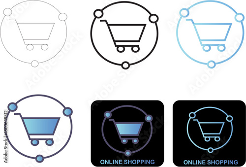Modern minimalist online shopping cart icon set, featuring sleek gradients and network connection designs, ideal for e-commerce platforms and digital marketplaces