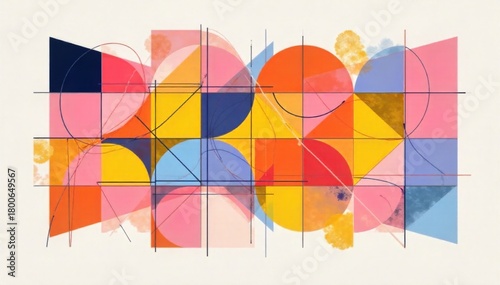 Abstract Geometric Patterns Inspired by Easter Egg Hues An abstract composition of interlocking geometric shapes and clean lines in various pastel and bright Easter egg colors against a white