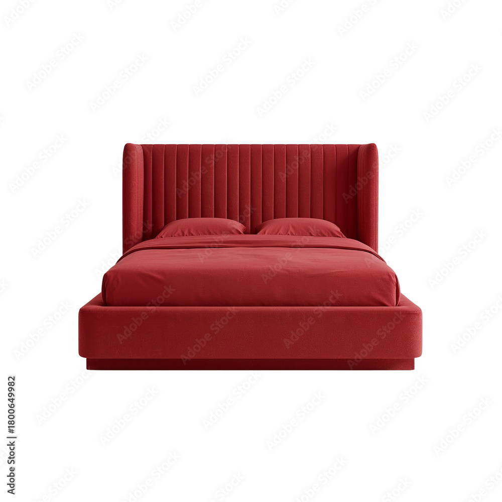 Obraz premium Crimson tranquility: Luxurious upholstered bed with vertical channels against a dark backdrop