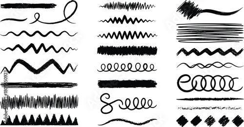Variety of Black Scribble Lines and Decorative Elements on a White Background for Design