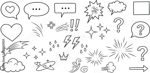 A diverse collection of hand-drawn comic and manga style doodle elements, featuring speech bubbles, action lines, stars, and emotional symbols