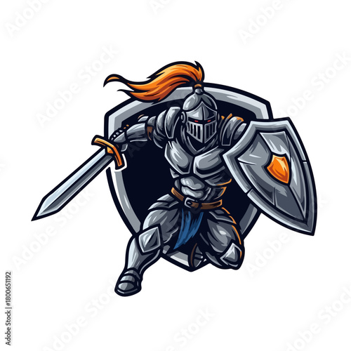 A fierce armored knight charging forward with a sword and shield, ready for battle in a dynamic pose