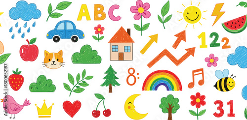 Vibrant hand-drawn doodle pattern featuring a playful assortment of cute animals, nature elements, and educational symbols for children's learning and creative projects