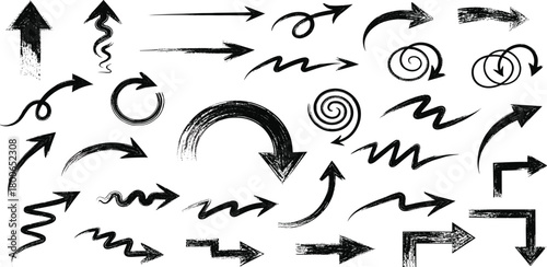 Collection of Hand-Drawn and Digital Arrows Symbolizing Direction, Movement, and Navigation