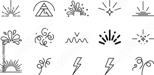 A collection of minimalist line art icons featuring sunbursts, sparkles, lightning bolts, and celebratory confetti elements. Simple abstract outline symbols for design