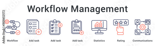Workflow management streamlining task assignments with statistics tracking and rating through effective communications. icon sheet multiple style collection