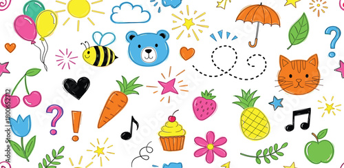 A vibrant and playful collection of cute hand-drawn doodles forming a seamless pattern, featuring adorable animals, sweet treats, and cheerful symbols for kids