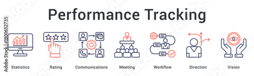 Performance tracking using statistics and ratings through meetings and workflow for directional vision. icon sheet multiple style collection