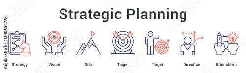 Strategic planning combining vision and goals with targeted direction through creative brainstorming sessions. icon sheet multiple style collection