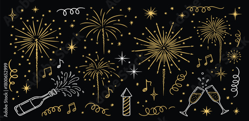 Festive hand-drawn golden fireworks display with sparkling champagne, confetti, and musical notes, perfect for New Year's Eve celebrations and party invitations
