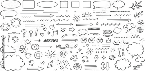 A comprehensive set of hand-drawn doodle elements, featuring various arrows, speech bubbles, abstract shapes, and symbols for creative design projects