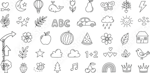Hand-drawn vector doodle icons representing a variety of elements including nature, weather, food, transportation, and educational symbols for creative projects