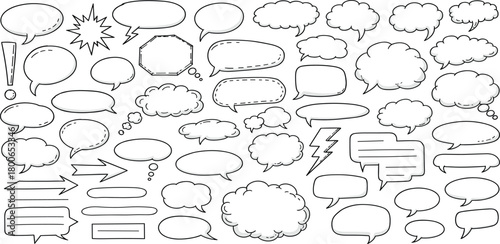 Collection of Hand-drawn Speech Bubbles and Thought Clouds for Communication and Design Elements