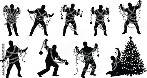Christmas silhouette decoration poses, festive people wrapped in lights, holiday ornament humor, garland figures, decorated tree scene, seasonal celebration illustration