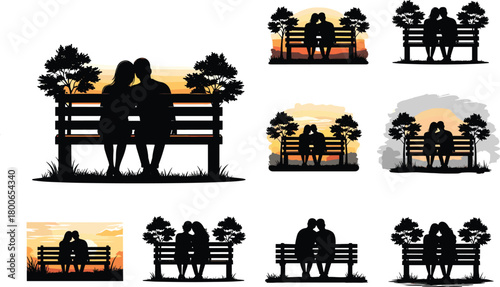 Romantic couple silhouette, sunset bench scene, dusk sky, love moment, nature background, peaceful evening, emotional bond, serene landscape, timeless beauty
