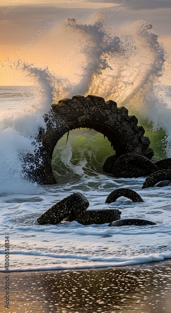 Fototapeta premium A large tire partially submerged in the ocean with waves crashing around it during sunset, creating a dramatic and dynamic seascape scene