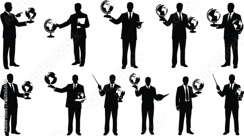 Businessman silhouette, globe interaction, global education, international concept, corporate training, world knowledge, professional pose, black vector, teaching theme, leadership