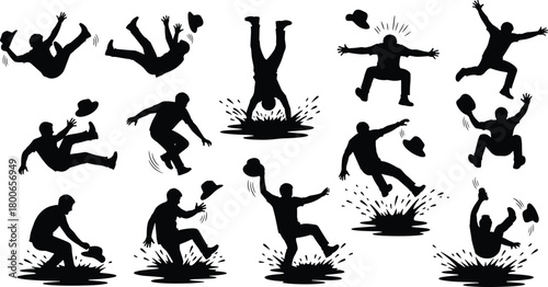 Silhouette falling person, slip accident, wet surface, dynamic motion, humorous fall, safety concept, black figure, vector design, expressive pose, impact