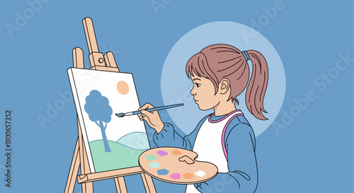 Young artist diligently paints a serene landscape on canvas with focused concentration and