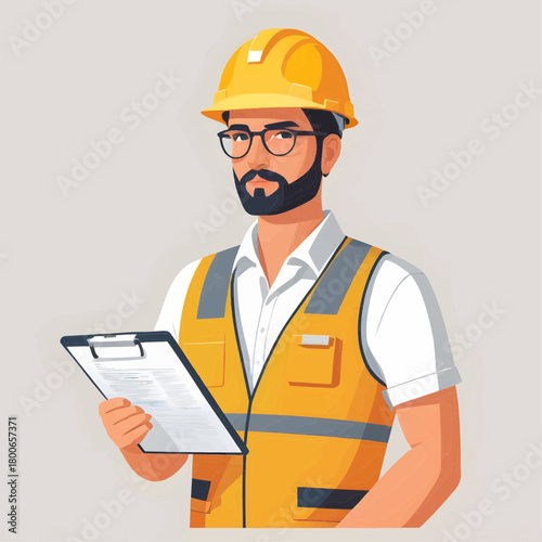 Minimalist Vector Illustration of a Professional Construction Engineer Reviewing Plans on a Clipboard