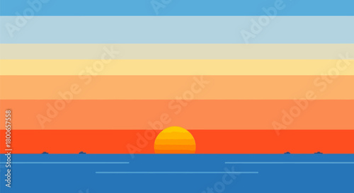 Minimalist vibrant sunset ocean view featuring horizontal stripes design and distant ships