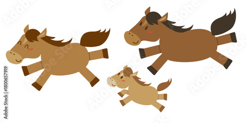 元気に駆けている馬の親子のイラスト素材。2匹の大人の馬と子馬。