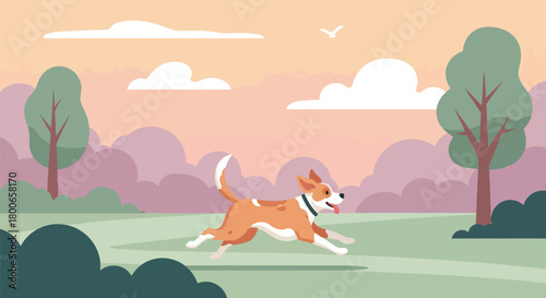 Dog running happily through a serene landscape at sunset, enjoying freedom