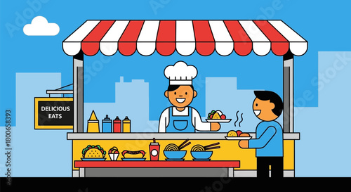 Cartoon illustration of a street food vendor serving a customer with a cityscape background,