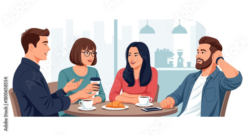 A group of diverse friends enjoying coffee and conversation in a cafe setting illustration