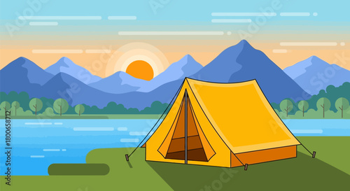 Serene camping scene with a tent by the lake and majestic mountains at sunrise