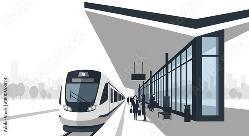 Modern train station illustration with passengers waiting and a arriving train graphic design for