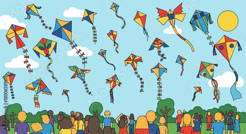 A cheerful illustration featuring people watching vibrant kites soaring in the blue sky on a sunny