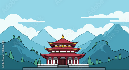 Illustration of a Japanese Temple with Mountains and Sky Background, Ideal for travel design and
