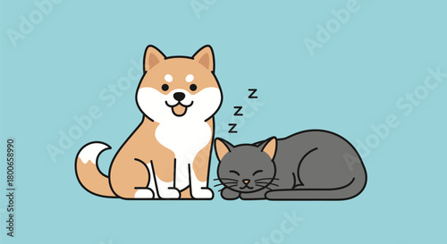 Charming Cartoon Illustration of a Shiba Inu Dog and a Sleeping Gray Cat on Blue Backdrop