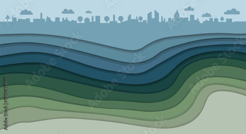 Abstract layered landscape with city skyline backdrop in shades of blue and green