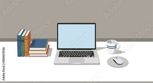 Minimalist workspace illustration featuring a laptop, books, coffee mug, and mouse setup for