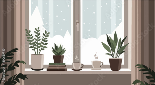 A cozy vector illustration of a warm indoor scene during a snowy winter day. Potted green houseplants and steaming mugs of hot beverage sit on a wooden windowsill, creating a comforting