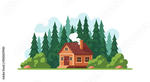 Cozy cabin retreat amidst a lush forest illustration perfect for nature lovers and escape