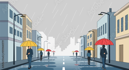 Rainy day cityscape with people walking under colorful umbrellas illustration