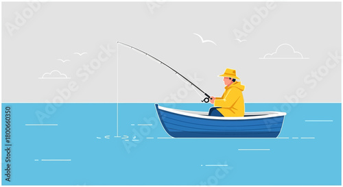 A serene illustration of a lone fisherman enjoying a tranquil day fishing at sea in his blue boat