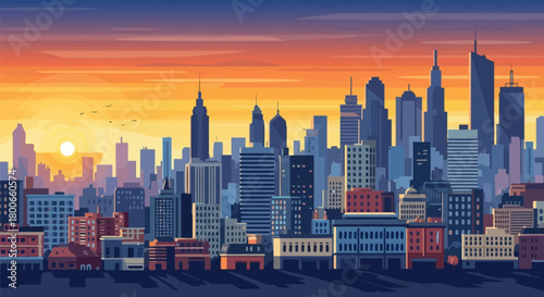 Vibrant sunset over a modern cityscape with towering buildings and artistic skyline illustration