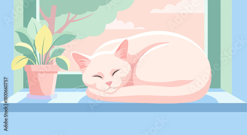 Cozy nap, a tranquil scene of a cat sleeping peacefully on a windowsill indoors in soft pastel hues