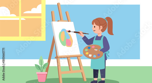 Illustration of a girl painting on a canvas with an easel in a room filled with creativity and