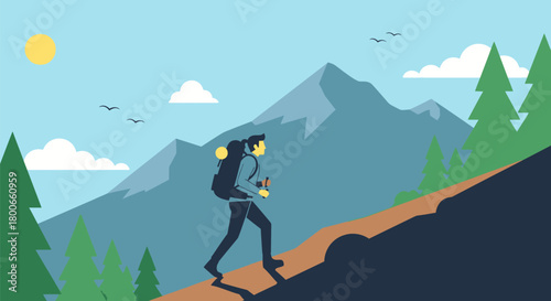 Illustration of a hiker with a backpack climbing a mountain trail in a scenic landscape