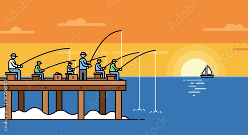 People fishing on a pier at sunset, serene ocean view, simple vector art illustration