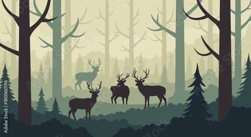 Silhouette deer in a forest landscape vector illustration in muted color palette for background