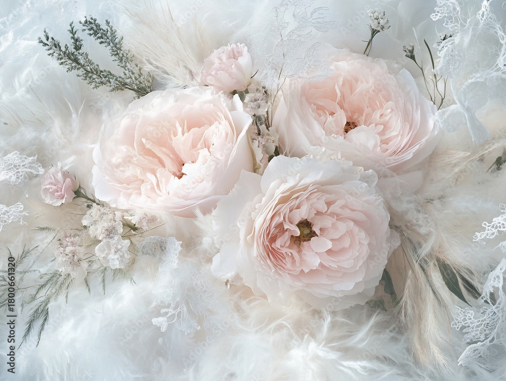 Fototapeta premium Elegant pastel roses and feathers on a delicate white background
